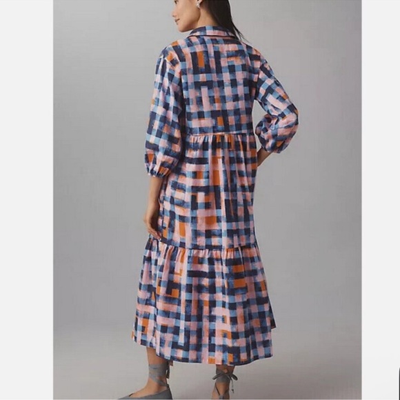 MAEVE ANTHROPOLOGIE The Bettina Tiered Shirt Dress Buttondown Blue Plaid Size XS - Picture 2 of 12
